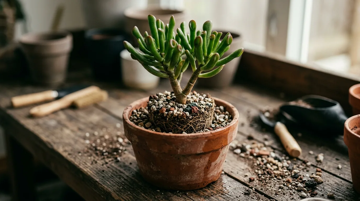 Crassula Gollum sendo replantada em vaso de terracota com substrato mineral bem drenante