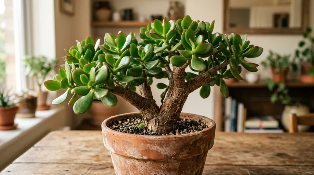 Planta jade Crassula ovata frondosa em vaso de terracota com folhas verdes e bordas avermelhadas