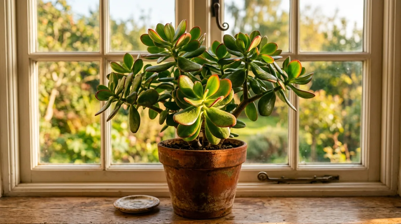Planta jade no peitoril ensolarado com bordas das folhas avermelhadas pelo sol