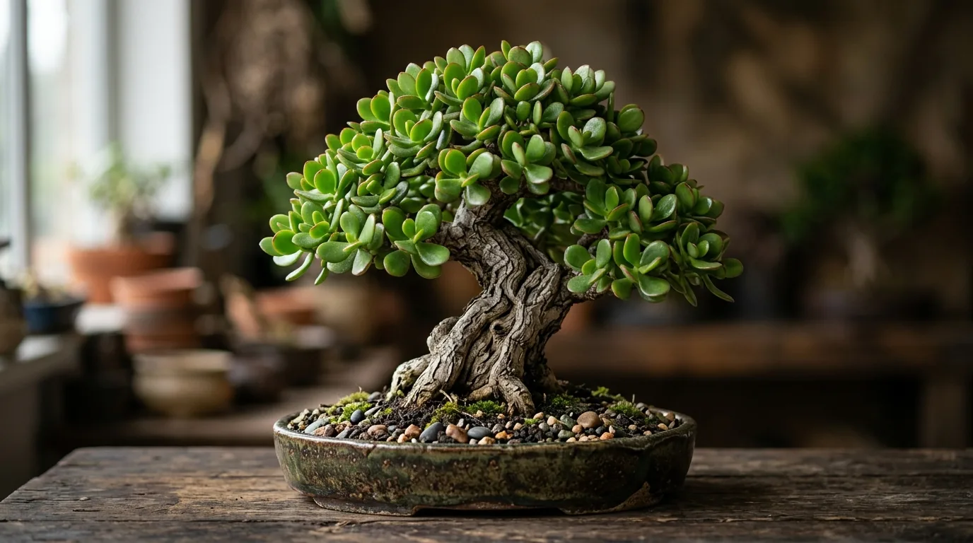 Planta jade cultivada como bonsai em bandeja de ceramica com tronco retorcido
