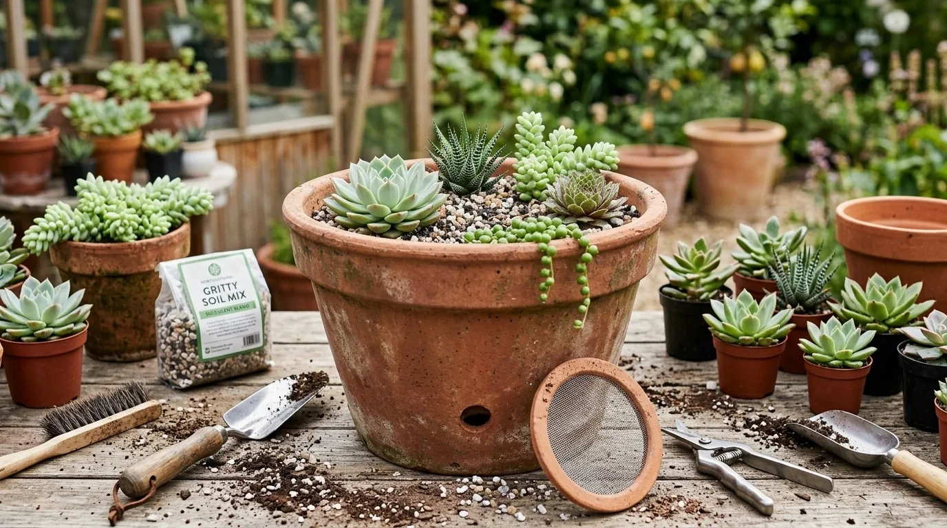 Plantio de suculentas em vaso grande com substrato drenante e furo de drenagem visível