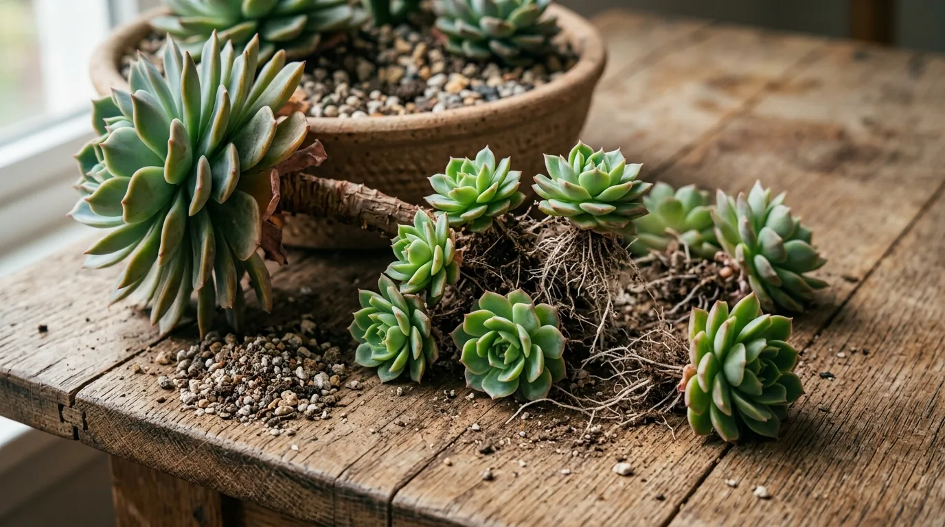 Brotos de suculenta sendo separados da planta-mae com raizes visiveis