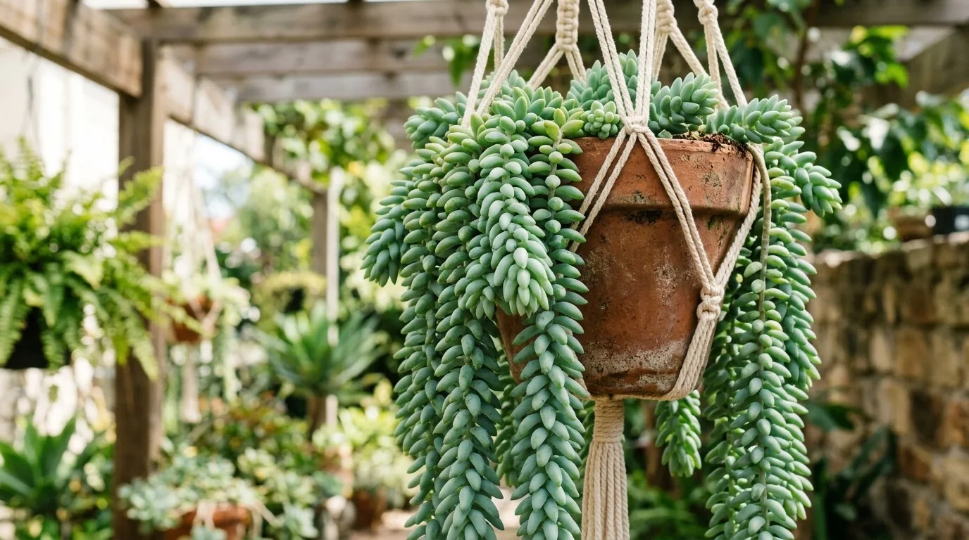 Rabo de burro (Sedum morganianum) em vaso suspenso com folhas roliças azul-esverdeadas
