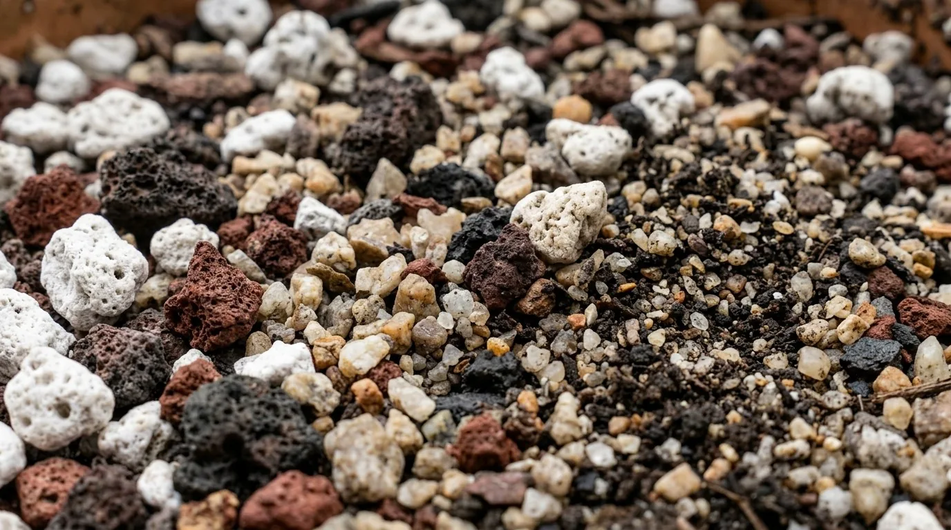 Close do substrato drenante para suculenta com pedra-pomes, areia grossa e terra