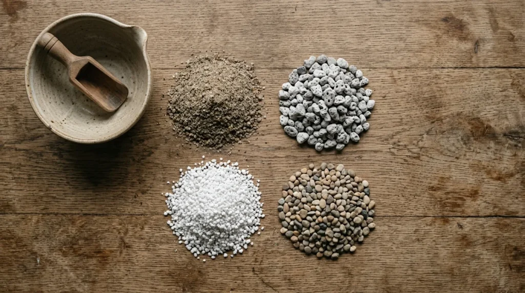 Ingredientes do substrato para suculentas em montinhos com areia grossa perlita e pedrisco