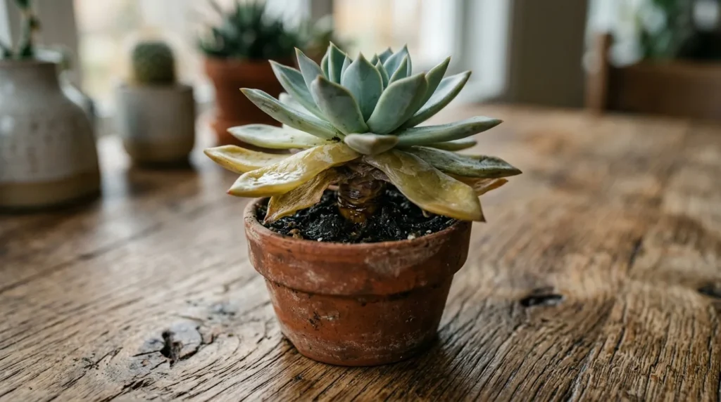 Suculenta em vaso com folhas inferiores amareladas e moles sinal de apodrecimento