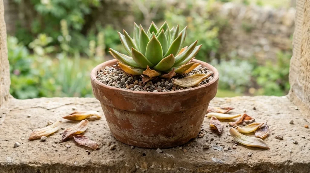 Suculenta soltando folhas, com folhas caídas espalhadas ao redor da base do vaso