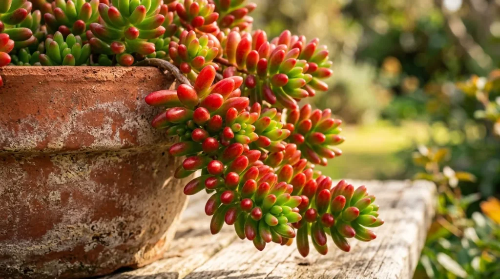 Suculenta dedo de moca sedum com folhas rolicas de pontas vermelhas caindo pela borda do vaso