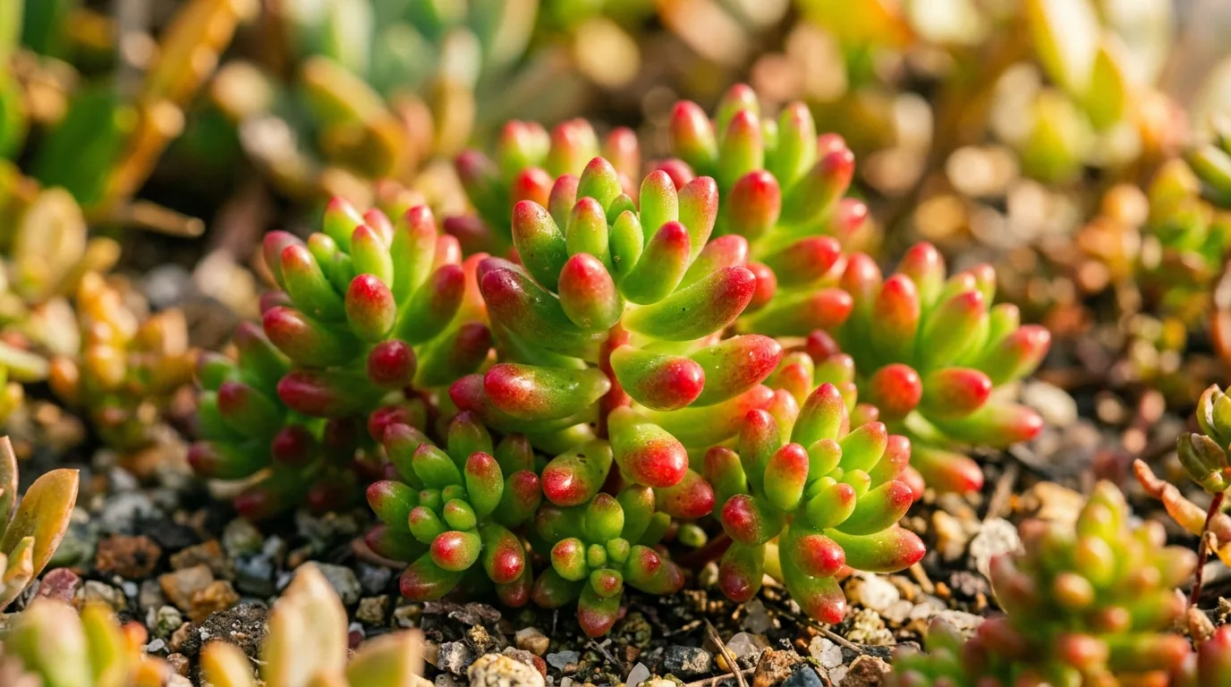 Sedum dedo de moca ao sol pleno com pontas das folhas intensamente avermelhadas
