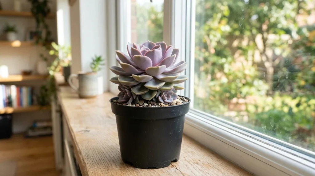 Echeveria saudável em vaso plástico preto de muda sobre parapeito iluminado