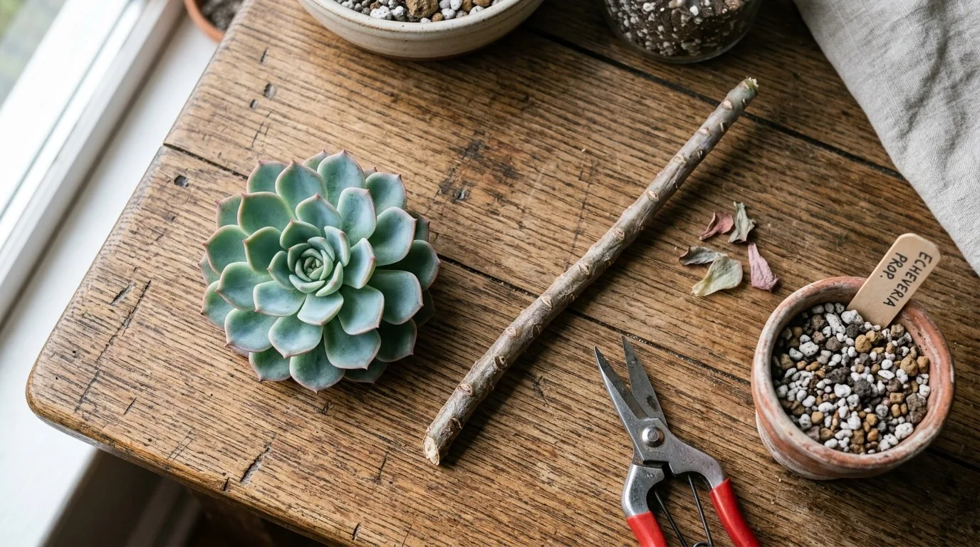 Topo de roseta cortado e o caule esticado sobre a mesa, prontos para propagar