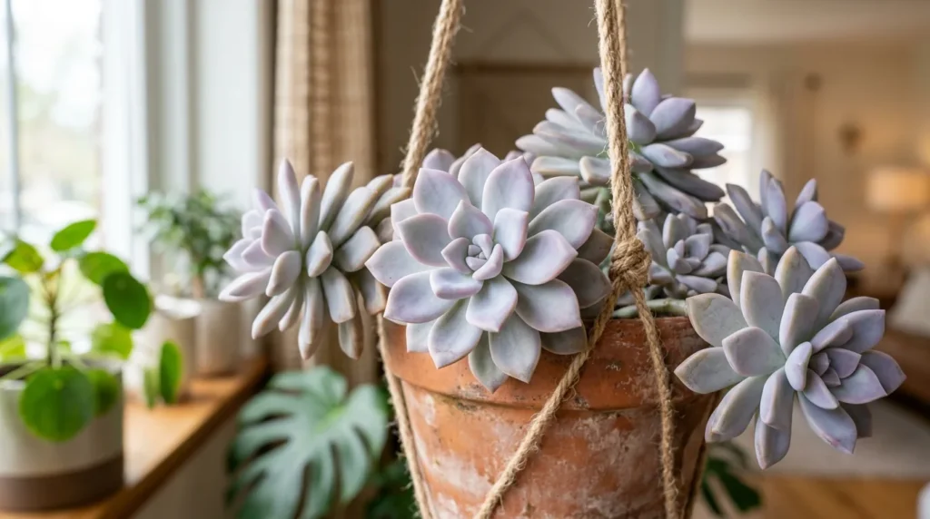 Suculenta fantasma, Graptopetalum paraguayense, com rosetas acinzentadas e tons lilases em vaso de terracota suspenso
