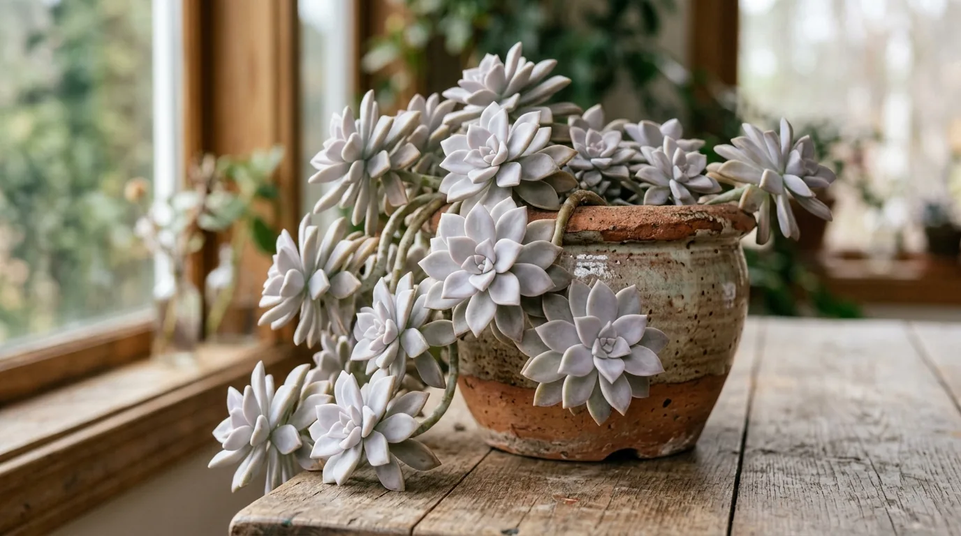 Suculenta fantasma graptopetalum com rosetas prateadas caindo pela borda do vaso