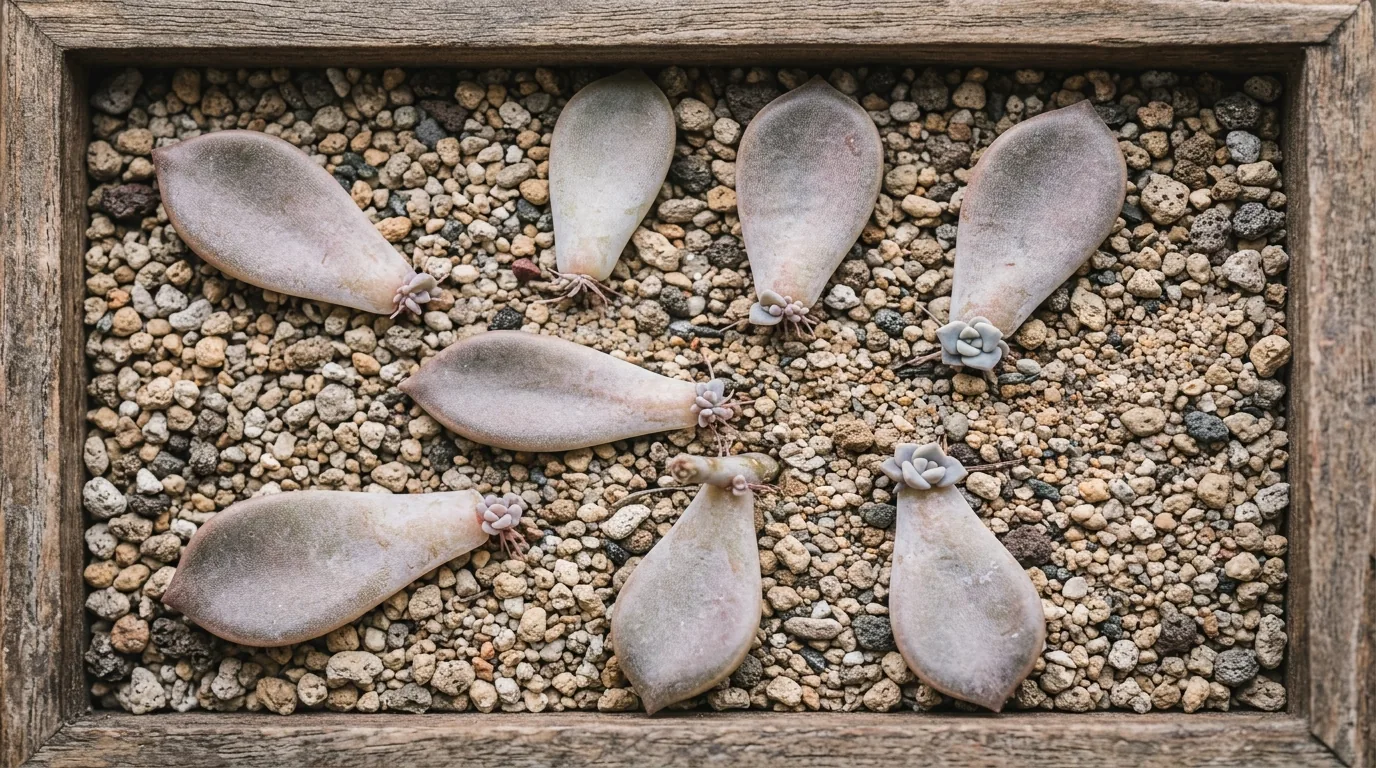 Folhas e estacas da suculenta fantasma enraizando em substrato mineral