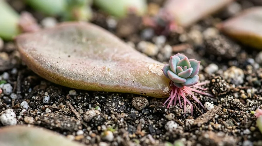 Folha de suculenta germinando com raízes rosadas e uma mini roseta brotando na base