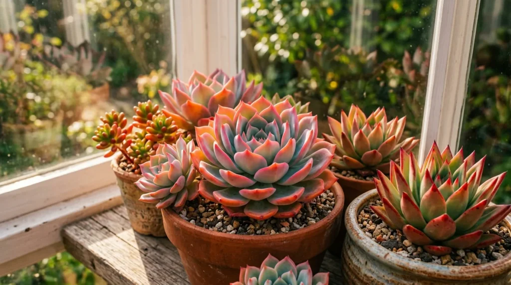 Suculentas coloridas estressadas pelo sol com pontas vermelhas e alaranjadas no peitoril