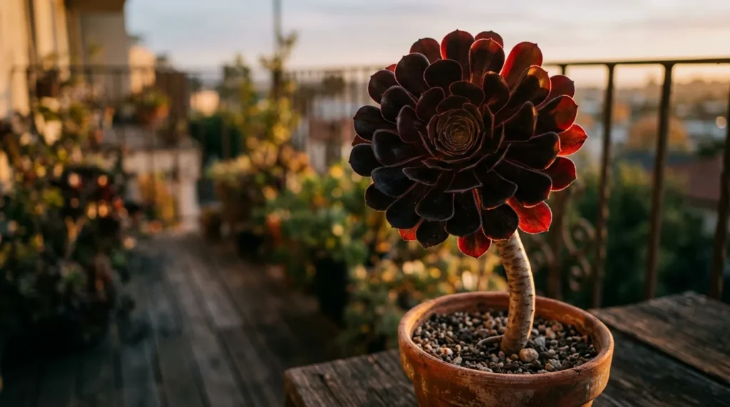 Suculenta rosa negra Aeonium Zwartkop com roseta escura brilhante em contraluz na varanda