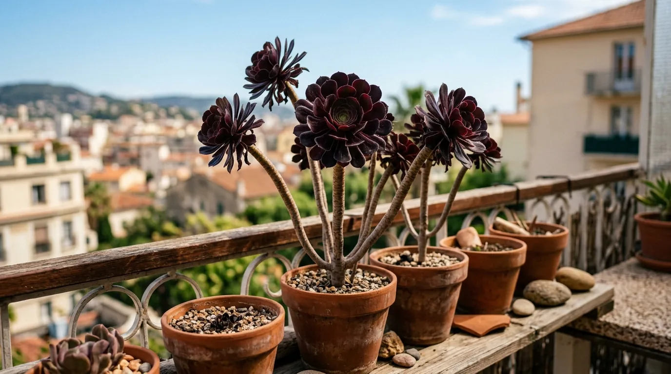 Vasos de Aeonium Zwartkop ao sol pleno na varanda mantendo as folhas quase pretas