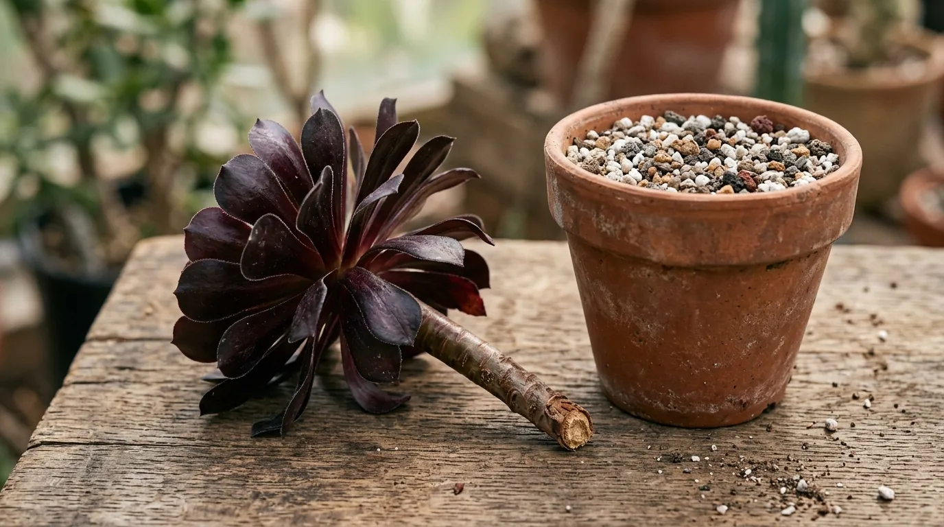 Estaca de Aeonium Zwartkop cicatrizando ao lado de vaso com substrato para propagacao