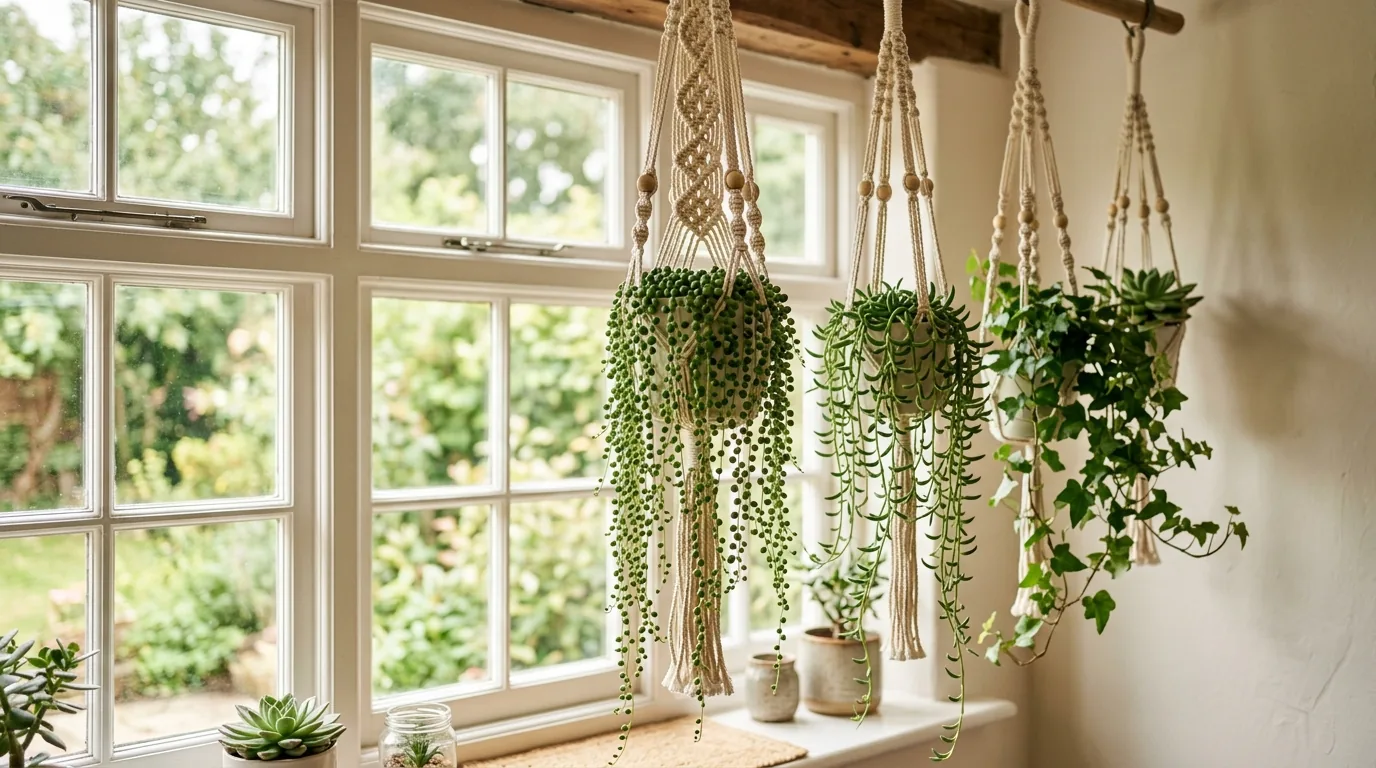 Suculentas pendentes em suportes de macrame junto a janela como decoracao