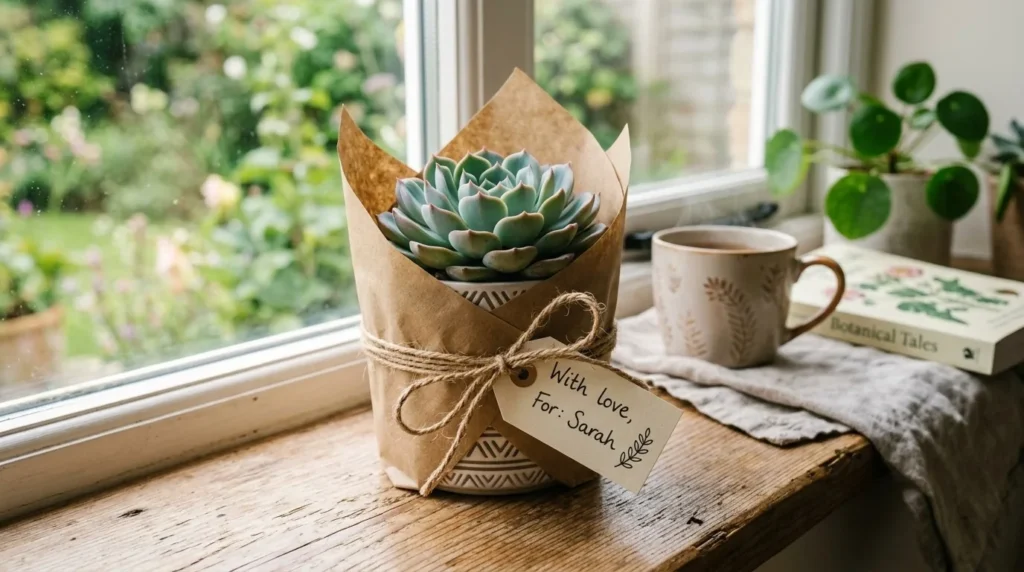 Suculenta em vaso decorado embrulhada como presente com papel kraft, barbante e etiqueta