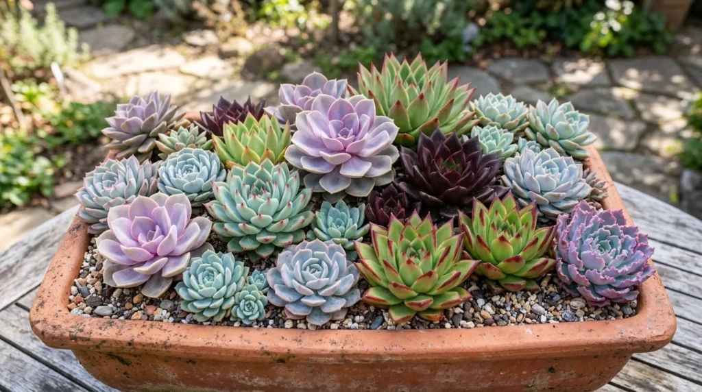 Diversos tipos de echeveria reunidos, com rosetas de cores e formatos diferentes