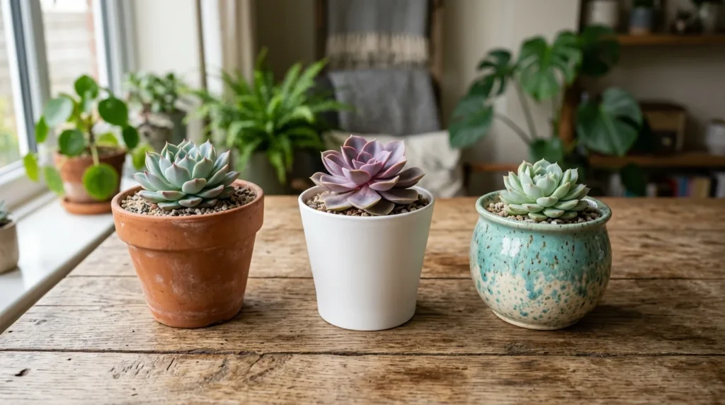 Comparacao de vasos para suculentas de barro plastico e ceramica lado a lado