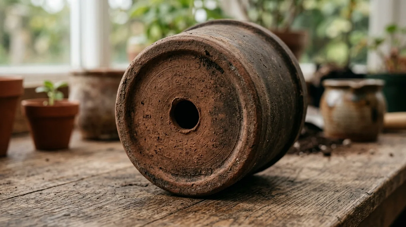 Fundo de vaso de terracota mostrando o furo de drenagem