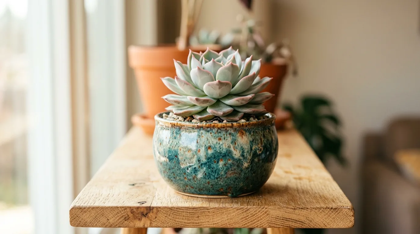 Vaso de ceramica esmaltada com suculenta em roseta numa prateleira