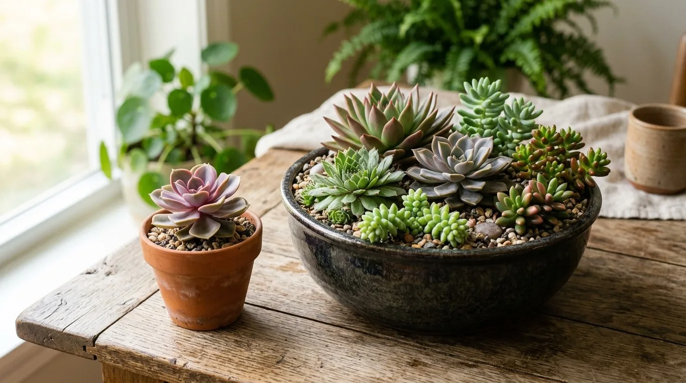 Comparação entre uma suculenta em vaso pequeno e um vaso grande com várias plantas