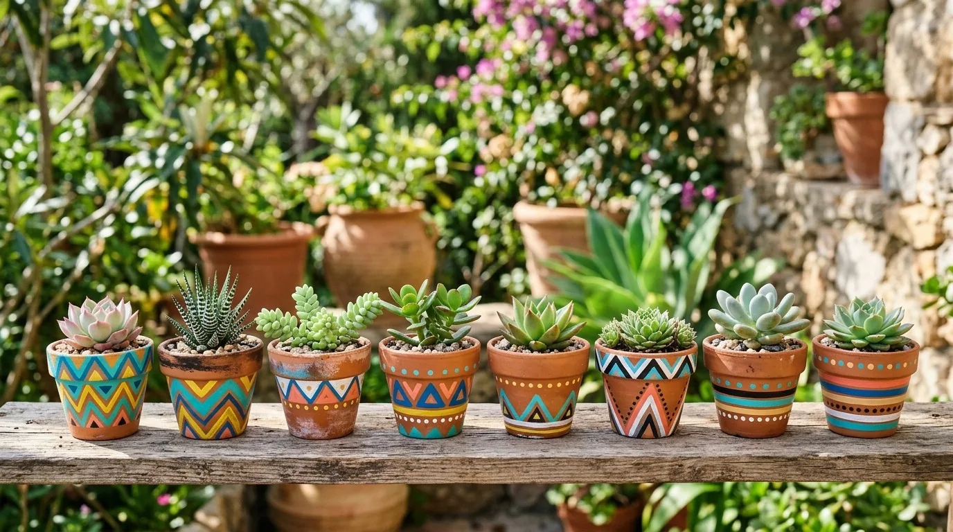Vasinhos de barro pintados à mão com padrões coloridos, cada um com uma pequena suculenta