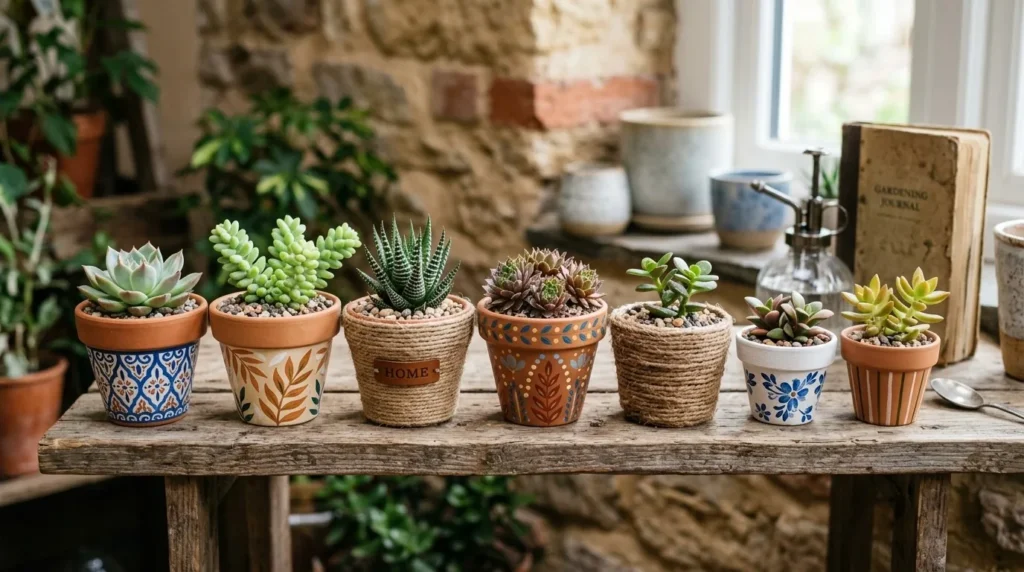 Vasos decorados com suculentas, alguns pintados à mão e outros com barbante, numa prateleira