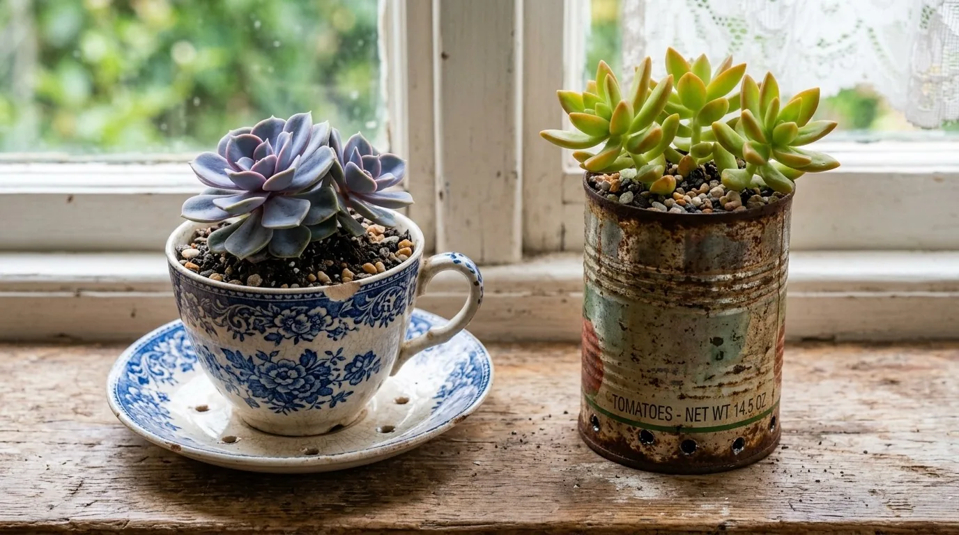 Xícara de louça e lata reaproveitadas como vasos rústicos para suculentas