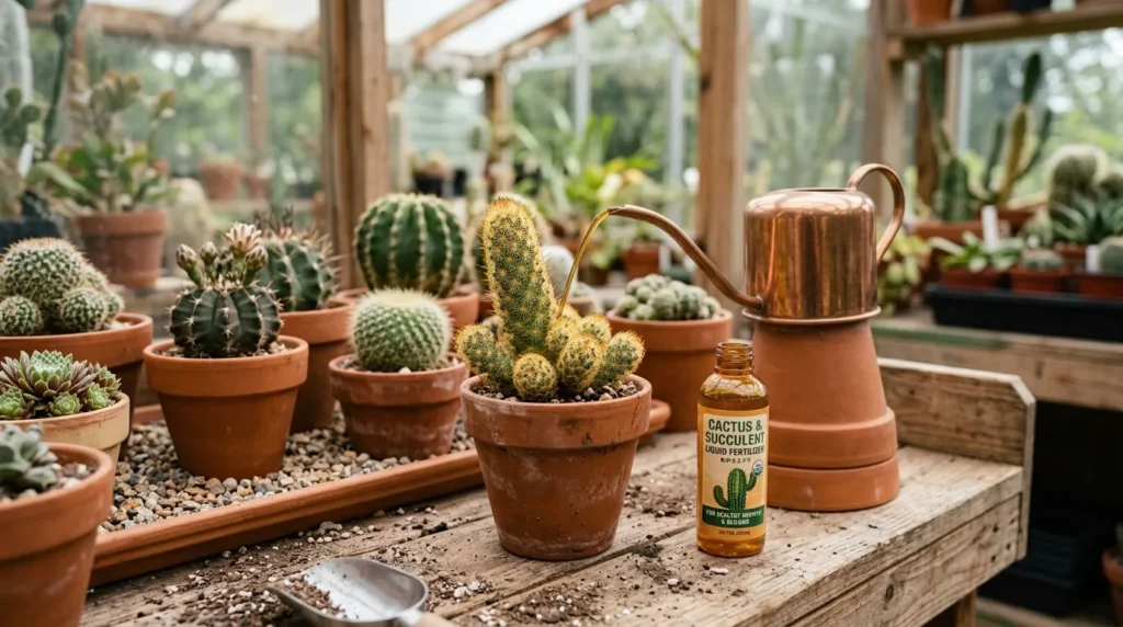 Adubação de cactos em vasos com fertilizante líquido diluído, sem exagero