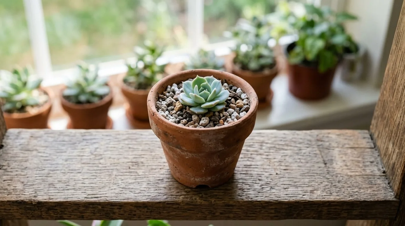 Filhote de suculenta recém-plantado em um vasinho com substrato drenante