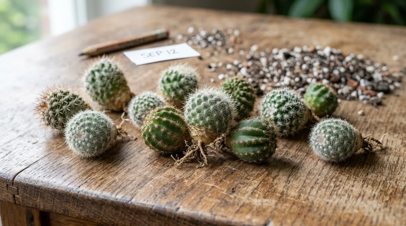 Brotos filhotes de cacto separados da planta-mãe sobre a mesa