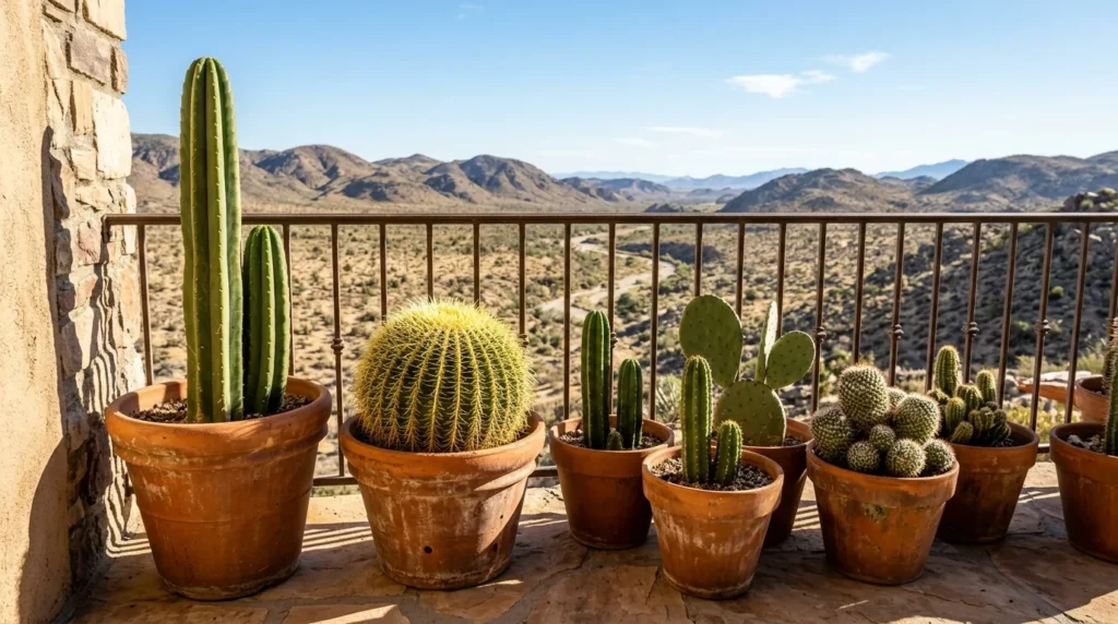 Cactos de deserto tomando sol pleno numa varanda ensolarada, firmes e verdes