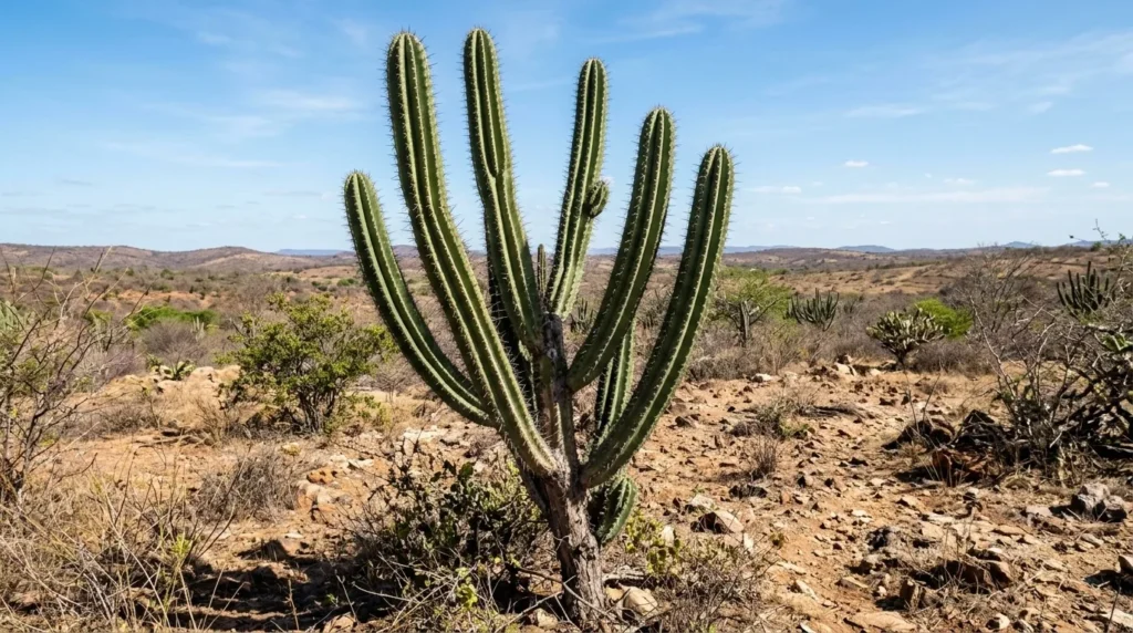 Cacto mandacaru colunar e ramificado sob sol pleno, o gigante da caatinga