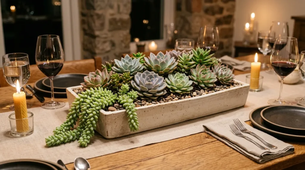Centro de mesa elegante de suculentas numa jardineira baixa sobre a mesa de jantar