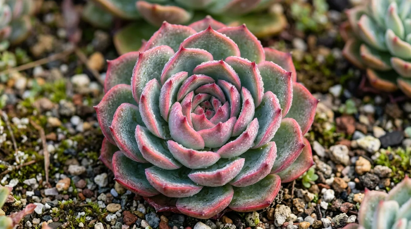 Close-up de echeveria com bordas rosadas e avermelhadas provocadas pelo sol