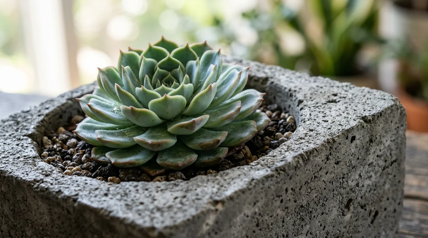 Close-up de uma echeveria num vaso de concreto cinza texturizado