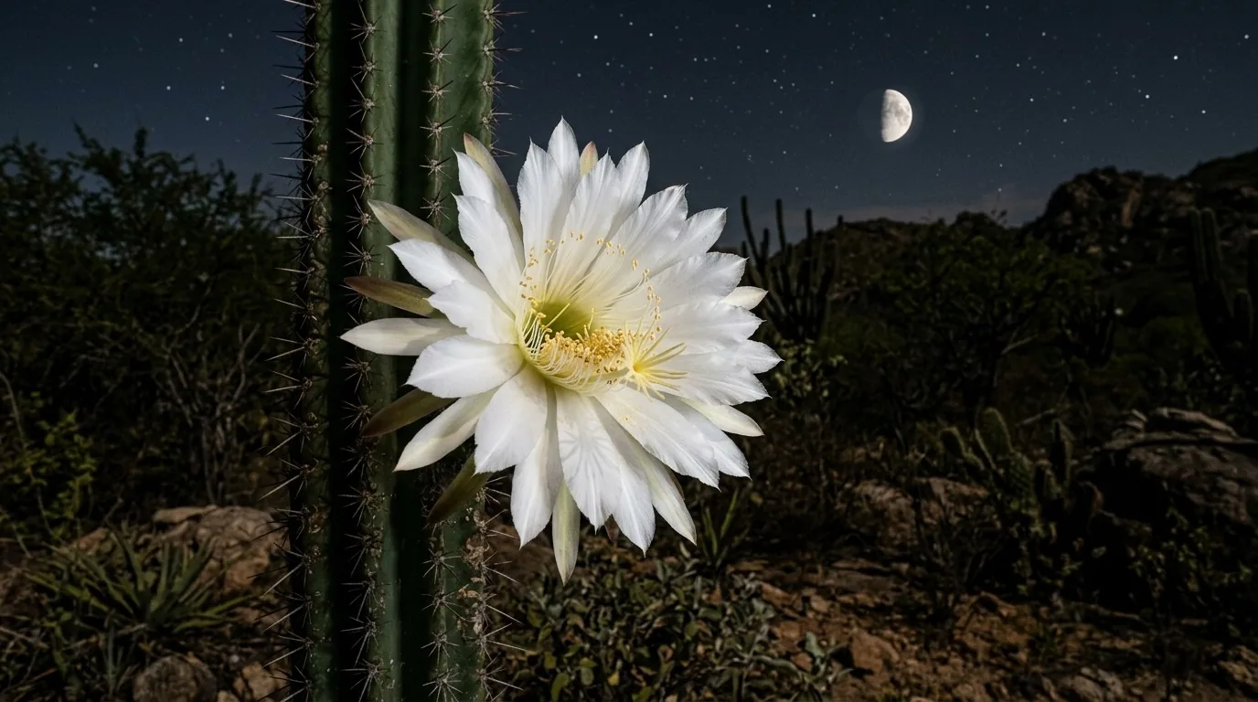 Grande flor branca noturna do mandacaru aberta à noite na coluna do cacto