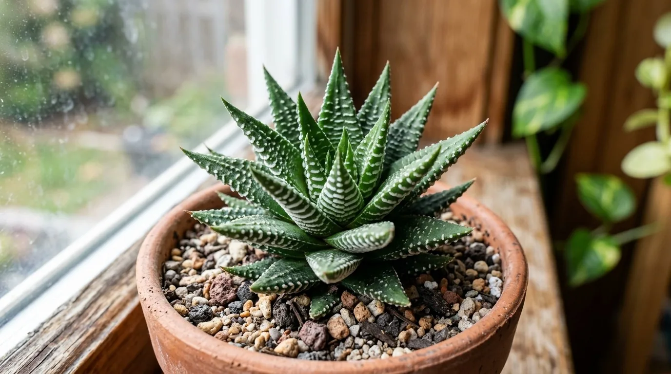 Roseta de haworthia listrada em luz indireta clara, a suculenta campeã de sombra