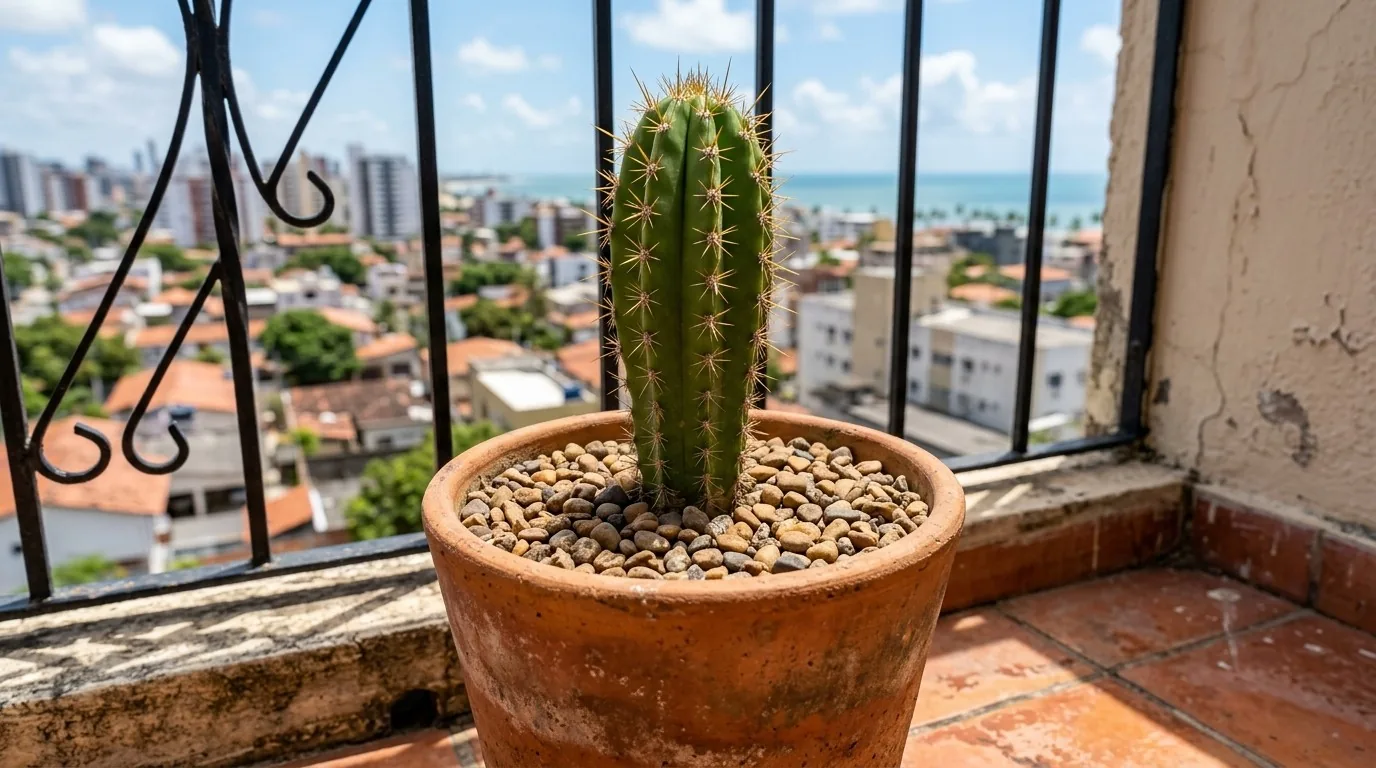 Mandacaru jovem cultivado em vaso de barro estável recebendo sol pleno