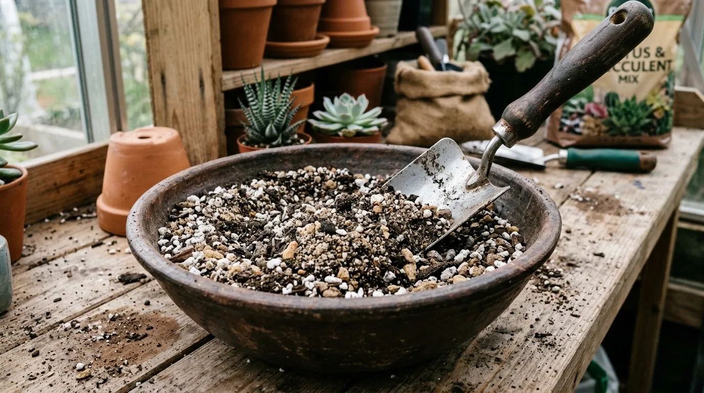 Mistura do substrato drenante para cacto com uma colher de jardinagem numa bacia