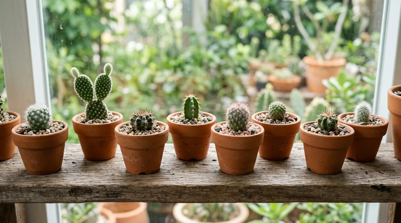 Pequenas mudas de cacto plantadas em substrato drenante em vasinhos