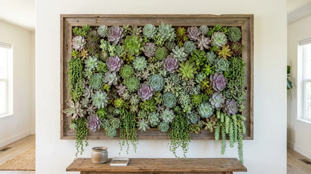 Painel vertical de suculentas vivo pendurado na parede, como um quadro verde