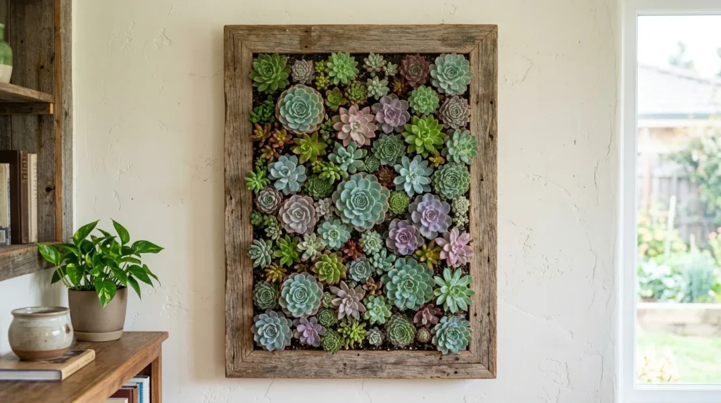Quadro vivo de suculentas emoldurado na parede, mosaico de rosetas variadas