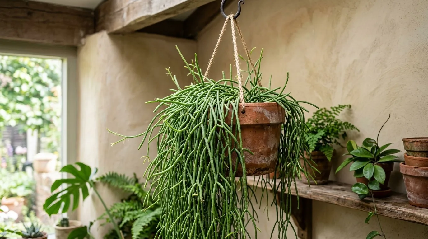 Rhipsalis pendente, cacto de floresta sem espinhos, num canto sombreado