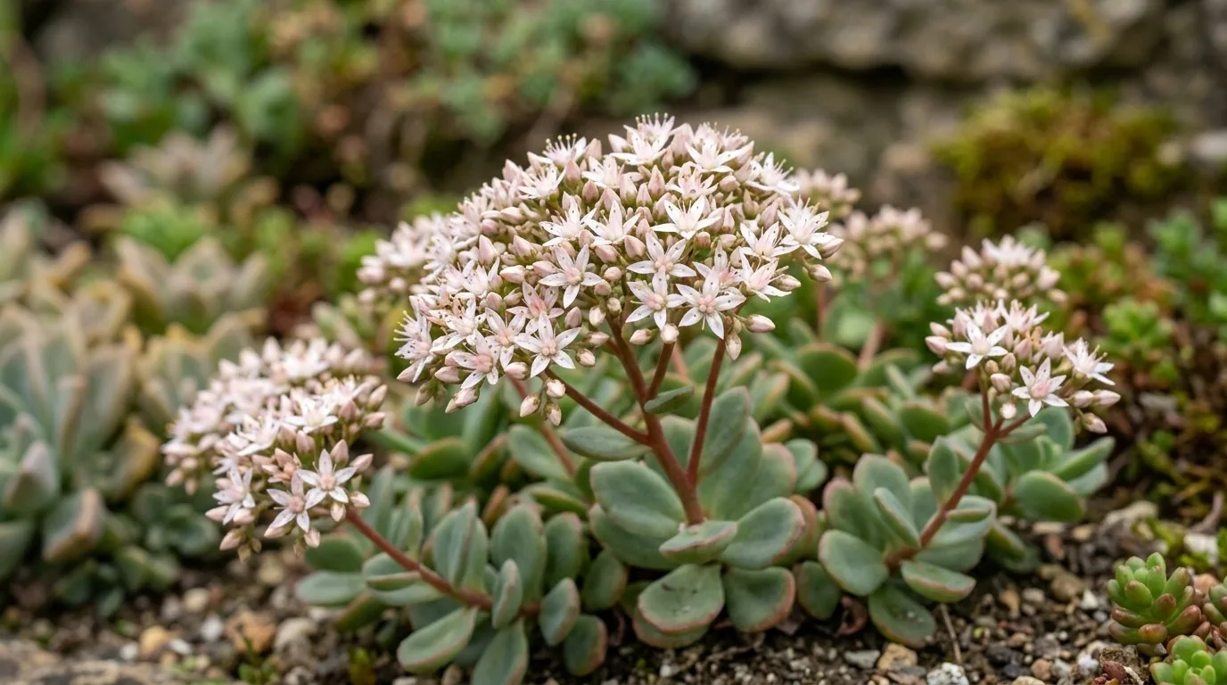 Sedum florido com pequenas flores em forma de estrela reunidas em cachos
